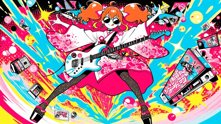 A woman playing the guitar(masterpiece, Highest Quality, Pop anime style with a clean cell, Bold, Clear Line Art, high saturation, Graphic Poster-like Image, Flat shape , halftone dots, Cutout Edge Like a Sticker, Minimal soft shading)
Full Body Photo of a...