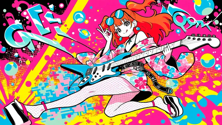 A woman playing the guitar(masterpiece, Highest Quality, Pop anime style with a clean cell, Bold, Clear Line Art, high saturation, Graphic Poster-like Image, Flat shape , halftone dots, Cutout Edge Like a Sticker, Minimal soft shading)
Full Body Photo of a...