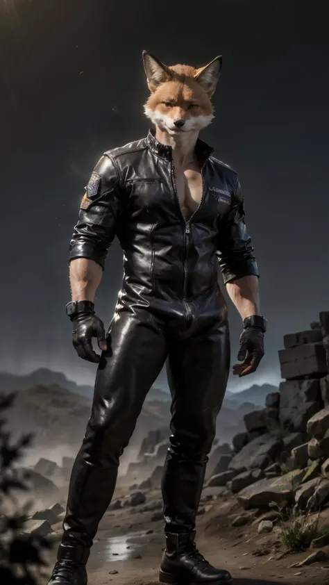 check_9, check_8_up, check_7_up, BREAK 1 man, muscular male , detailed kitsune (Japanese fox demon) character, dressed in a leather tight jumpsuit , short leather gloves, military black boots , wrong,  big realistic bulge, cinematic lighting, Dramatic shad...