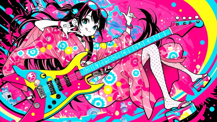 A woman playing the guitar(masterpiece, Highest Quality, Pop anime style with a clean cell, Bold, Clear Line Art, high saturation, Graphic Poster-like Image, Flat shape , halftone dots, Cutout Edge Like a Sticker, Minimal soft shading)
Full Body Photo of a...