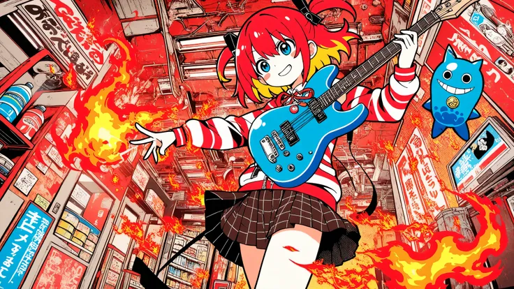 A woman playing the guitar(masterpiece, Highest Quality, like a graphic poster IMAGE, Bold, Clear Line Art, high saturation, グラフィックポスターのようなイメージ, Flat shape , Simplified Geometry, halftone dots, Cut Out Edges Like Stickers, Minimal soft shading)
Pop Anime S...