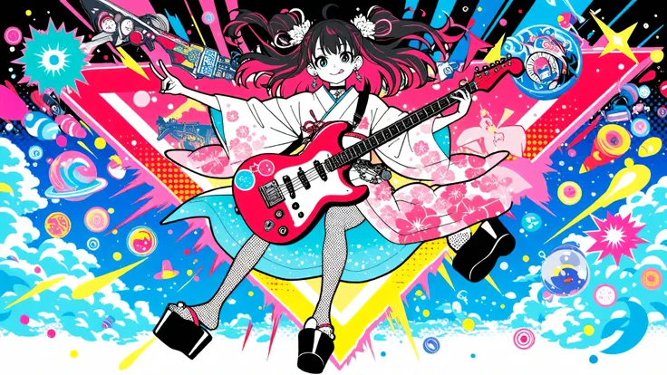 A woman playing the guitar(masterpiece, Highest Quality, Pop anime style with a clean cell, Bold, Clear Line Art, high saturation, Graphic Poster-like Image, Flat shape , halftone dots, Cutout Edge Like a Sticker, Minimal soft shading)
Full Body Photo of a...
