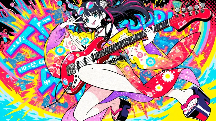 A woman playing the guitar(masterpiece, Highest Quality, Pop anime style with a clean cell, Bold, Clear Line Art, high saturation, Graphic Poster-like Image, Flat shape , halftone dots, Cutout Edge Like a Sticker, Minimal soft shading)
Full Body Photo of a...