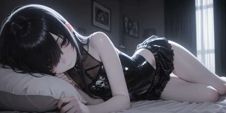 HDR,Dynamic lighting,masterpiece, best quality,detailed, high resolution, 8k, highly detailed, ultra detailed, beautiful lighting,best quality,detailed eyes, expressive,loli,small, cute, leotard, mini skirt, high cut leotard, bed, bedroom, lying down,long ...