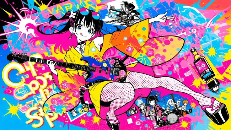 A woman playing the guitar(masterpiece, Highest Quality, Pop anime style with a clean cell, Bold, Clear Line Art, high saturation, Graphic Poster-like Image, Flat shape , halftone dots, Cutout Edge Like a Sticker, Minimal soft shading)
Full Body Photo of a...