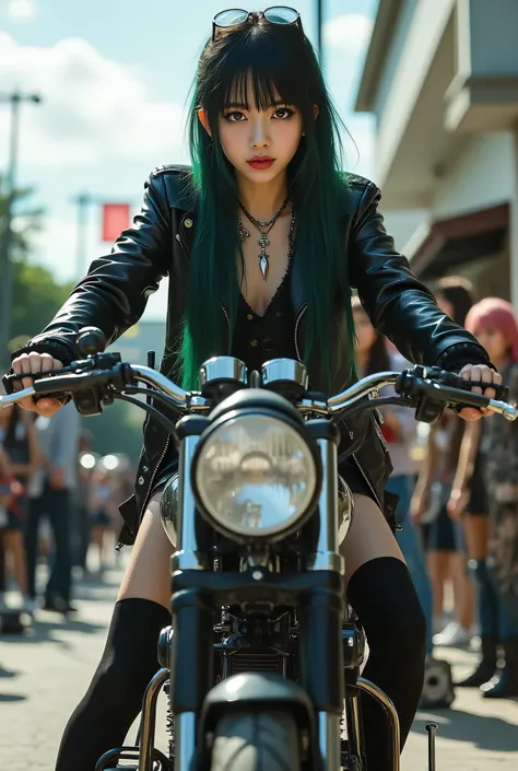 Girl wearing school uniform, riding a motorcycle, wearing gangster jacket傑作,Highest Quality,Amazing Quality,super detailed skin,perfect anatomical structure,dark haired,long hair,black gloves,Black thighs,black gothic style,outdoor stage,guitar,(dynamic an...