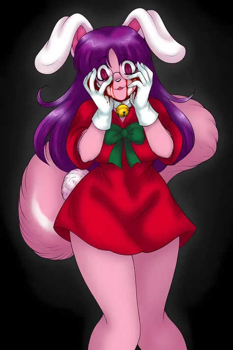 score_9, score_7_up, solo, looking at viewer, 1girls, cowboy shot, zPDXL3, long hair, purple hair, (pink fur: 1.3), (super long bunny ears), skunk tail, furry, anthro, evil blood cult outfit, white gloves, red kimono, (covered in blood, bloody: 1.3), glass...