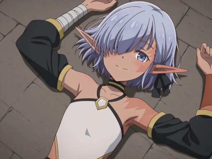 cariaerful,,dark elf, dark-skinned female, short hair,  blue hair, hair over one eye, blue eyes, pointy ears, bandaged arm, black choker, burn on face, burn on side, burnt arm, burnt leg, flat chest, white top, halterneck, bare shoulders,  detached sleeves...