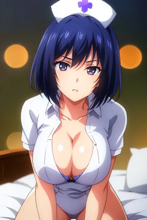 Simple background, dynamic pose, (nurse cap, nurse, white shirt, collarbone, cleavage, black sheer bra, short sleeves, bed, on all fours, dog style), from front,
Tachibana_SakuseiByoutouV2,
purple eyes, blue hair, bangs, short hair, makeup, red lipstick, 
...