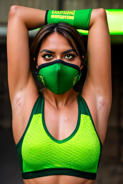 Jade, human woman with wheatish complexion,sleeveless.She has brown eyes and blackish blue clothing. Her hair is blackish brown in color; She is beautiful.Tsundere face.,mature appearance,armpits,sweat,sweaty,sweaty armpits,arms up,showing armpits,awesom...