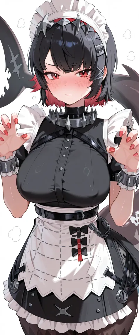 ellen_joe, 1girl, solo, red eyes, hot, steaming, steaming body, sweat, sweating, sweaty, sweaty body, wet, wet body, dripping, dripping sweat, blushing, embarrassed, nervous, closed mouth, (((white background))), looking at viewer, cowboy shot, claws up po...