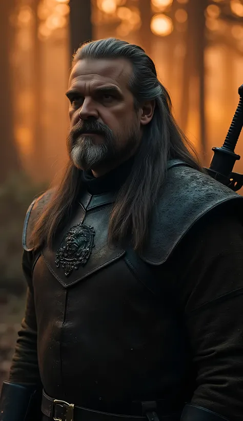 David Harbour as Vesemir, The Witcher, standing, dark medieval setting, long gray hair, short beard, deep wise eyes, years of battle experience, wears a weathered witcher’s armor, dark leather, steel plates, scars, scratches, wolf insignia, sword rests on ...