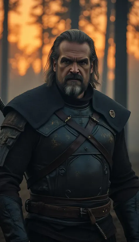 David Harbour as Vesemir, The Witcher, standing, dark medieval setting, long gray hair, short beard, deep wise eyes, years of battle experience, wears a weathered witcher’s armor, dark leather, steel plates, scars, scratches, wolf insignia, sword rests on ...