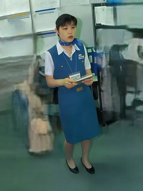 (masterpiece:1.2, Highest Quality:1.2), 32kHDR, high resolution, (Alone、1 girl)、( daytime building rooftop 、professional lighting)、Building rooftop background、( real style Japan Airlines System Flight Attendant Uniform Blue )、((Japan Airlines System Flig...