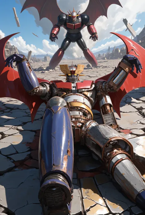 attacked by a giant robot beast and it explodes greatly, 、it is attacked by a giant enemy robot and the armor is blown away, and eyes are completely dark and full of wounds Mazinger Z was hit and fell sideways、both arms are destroyed and wings are damaged ...