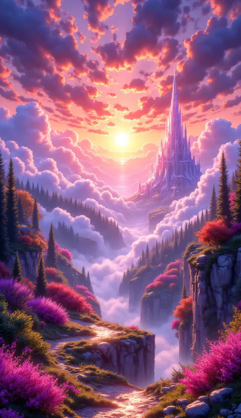 fantastic anime-style fantasy landscape scenery, dream-kissed majestic ecstasy looking at the glorified horizon where a celestial crystalized/crystalline palace is glinting whimsically under the rising sun projecting crimson beams into the fractal clouds, ...