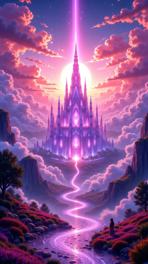fantastic anime-style fantasy landscape scenery, dream-kissed majestic ecstasy looking at the glorified horizon where a celestial crystalized/crystalline palace is glinting whimsically under the rising sun projecting crimson beams into the fractal clouds, ...