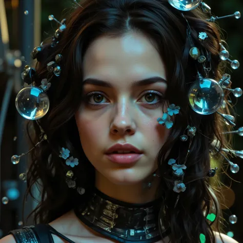 Ultra-realistic, photo-realistic, direct eye contact with the viewer, flowers in her hair, ultraattractive, 3D Rendering Realism, ultra-crystalistic, beauty, cinematic portrait, portrait photography