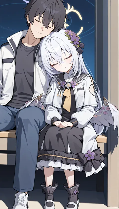 1girl and 1male(azusa (blue archive),closed eyes,white hair,long hair,wings,hair flower,sleep,white capelet,black sailor collar,black frilled dress,white footwear,　Kevin, masterpiece, Best Quality, very aesthetic, 1male, cool, Adult male, Height 175cm, mal...
