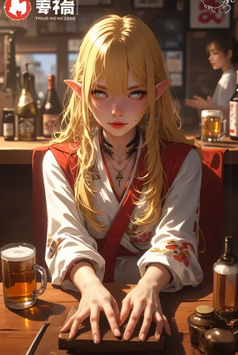 realistic, (1girl:1.5), cute elf in izakaya, masterpiece, full body view, sitting on table in tavern, beer in a wooden mug on the table, (tavern backgroud:1.7), izakaya dress, hands on the table, strict expression, perfect face, detailed face, yellow hairs...
