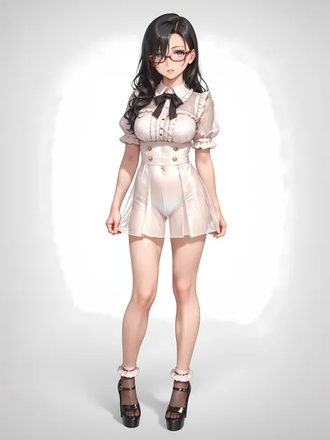 ((inspired by )),((inspired by Animation Style:1.5)),(masterpiece, best quality),beautiful, beautiful-woman, ((detailed face)).(full body:1.3)., 
((black hair)), glasses, blue eyes, long hair, over-rim eye-wear,semi-rimless eye-wear, between eyes .(red-fra...