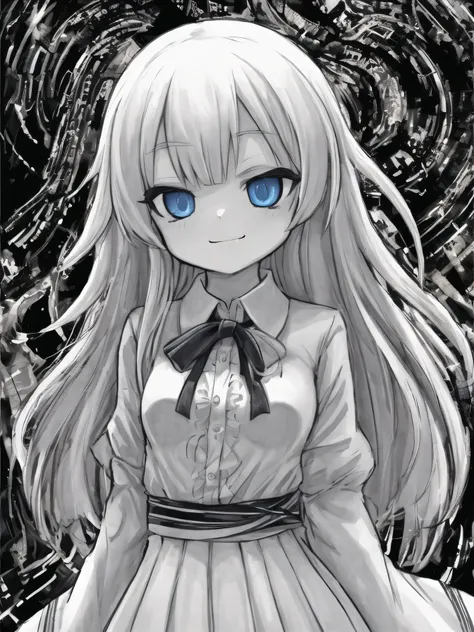 masterpiece 、 Highest Quality 、 upper body 、 1 girl 、 small breasts 、 use collared shirt and flared skirt as material 3 、 greyscale with colored background 、 washi tape（middle） 、 glitch 、 hair above one eye 、  blue sclera  、 wicked smile 、 negative prompt ...