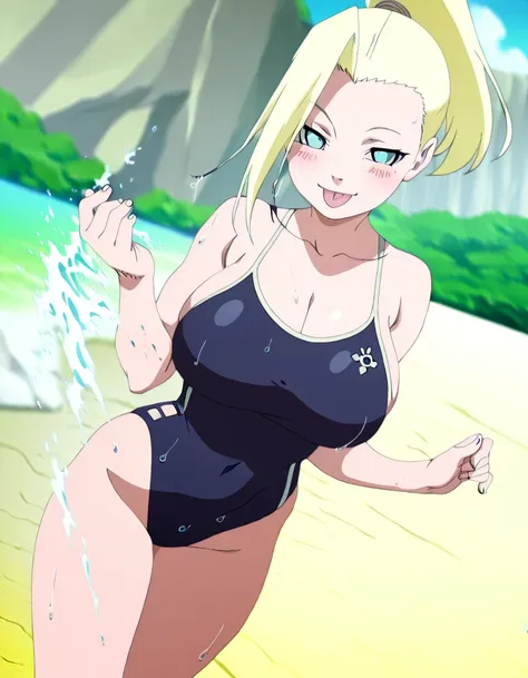 傑作、best quality、best resolution、best image quality、amazing quality、 very aesthetic、 absurdres、anime coloring、anime screencap、anime screenshot、1girl、<lora:P-IL-GeninIno:1>、ino、solo、13 years old、blonde hair、blue eyes、high ponytail hair、big breasts、cleavage、l...