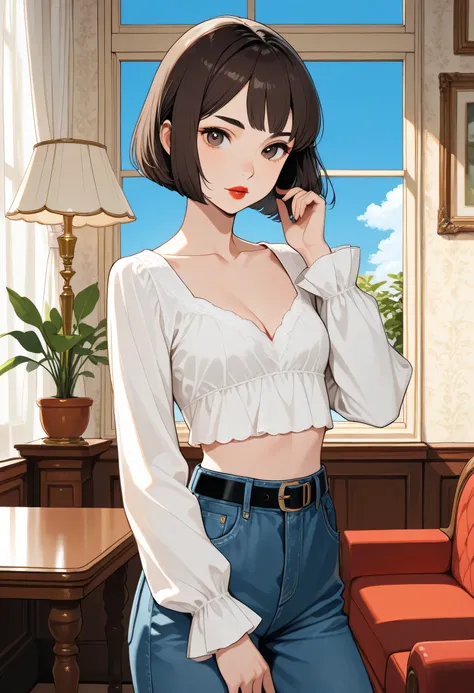 (Old Wall, Table With Box Pleat Empire Lamp Shade, White Curtains, Window With Blue Sky, Old Frame, Houseplant Jasmine, Sofas Chesterfield), Perfect Face, Perfect Body, Dark Brown, (Short Bob Hair), Black Thin Eyebrows, Brown Eyes, Red Lips, Perfect Lips, ...