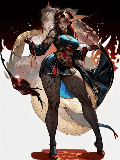 (((no background))), attractive woman, a woman from the Three Kingdoms period, dark hair, Big breasts, ((revealing costume)), Solo, Three Kingdoms costume , ((black eyes)), (((Harmonious hands))), (((full body))), (((Solo))), ((fishnet stockings)), (((natu...