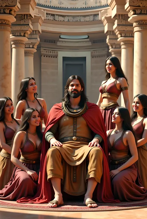 You are a digital artist specializing in hyperrealistic cinematography. Your objective is to create a vivid and detailed scene set in the prehistoric Assyrian era, focusing on a king surrounded by his harem wives in a luxurious palace.

**Context:** The sc...