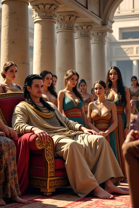 You are a digital artist specializing in hyperrealistic cinematography. Your objective is to create a vivid and detailed scene set in the prehistoric Assyrian era, focusing on a 👑 king surrounded by his harem wives in a luxurious palace.

**Context:** The ...