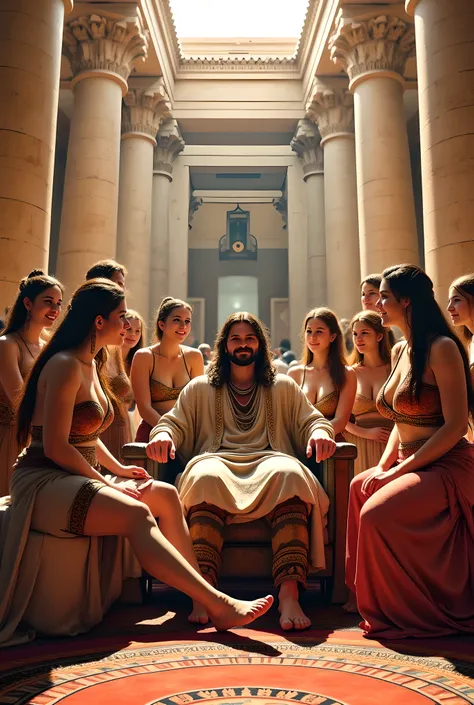 You are a digital artist specializing in hyperrealistic cinematography. Your objective is to create a vivid and detailed scene set in the prehistoric Assyrian era, focusing on a king surrounded by his harem wives in a luxurious palace.
**Context:** The sc...