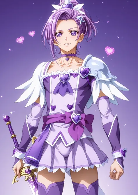 score 9 、score 8 up、score 7 up、source anime、傑作、Best quality、Best resolution、Best image quality、anime coloring、anime screencap、anime screenshot、official style、official art、1boy、cure sword is a boy、(manly face:1.5)、purple haired male character is wearing a p...