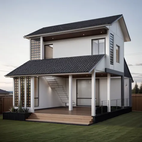 contemporary style house exterior, modernism, glass doors and windows,rail en métal noir, plafond en conwood, head of'artwork, high quality, photo realistic, marque canon eos 5D, natural light,