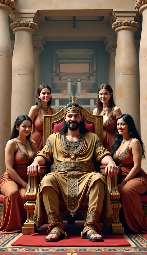 Assyria prehistoric age era, (ancient civilization age era),((Realistic cinematography intense realistically ultra-detailed sumer palace scenery)),((realistically ancient luxurious ivory palace on the background)),focusing on Assyria king,sitting slouchy,h...