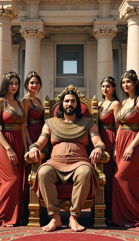 Assyria prehistoric age era, (ancient civilization age era),((Realistic cinematography intense realistically ultra-detailed sumer palace scenery)),((realistically ancient luxurious ivory palace on the background)),focusing on Assyria king,sitting slouchy,h...