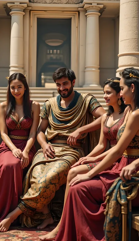 Create a hyper-realistic digital artwork depicting an Assyrian king in a prehistoric era setting. The scene should feature:
A luxurious ivory palace in the background, showcasing intricate details and a golden interior design.
The king, depicted in a slou...