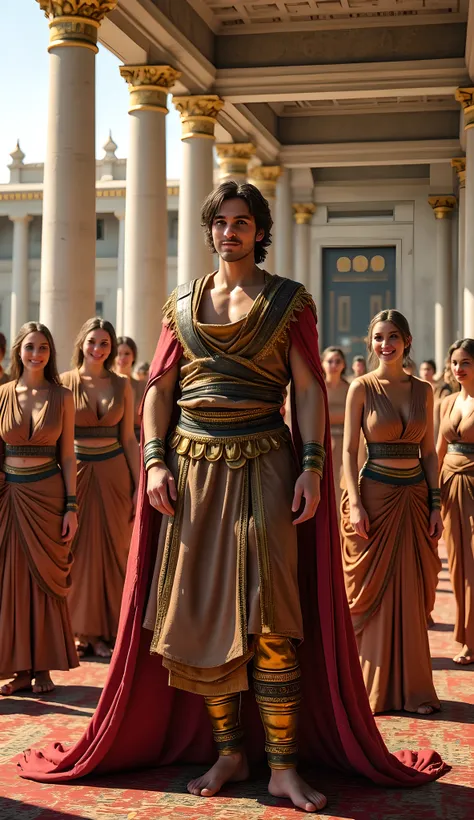 (((Create a hyper-realistic digital artwork depicting an Assyrian king in a prehistoric era setting. The scene should feature:
A luxurious ivory palace in the background, showcasing intricate details and a golden interior design.
The king, depicted in a s...