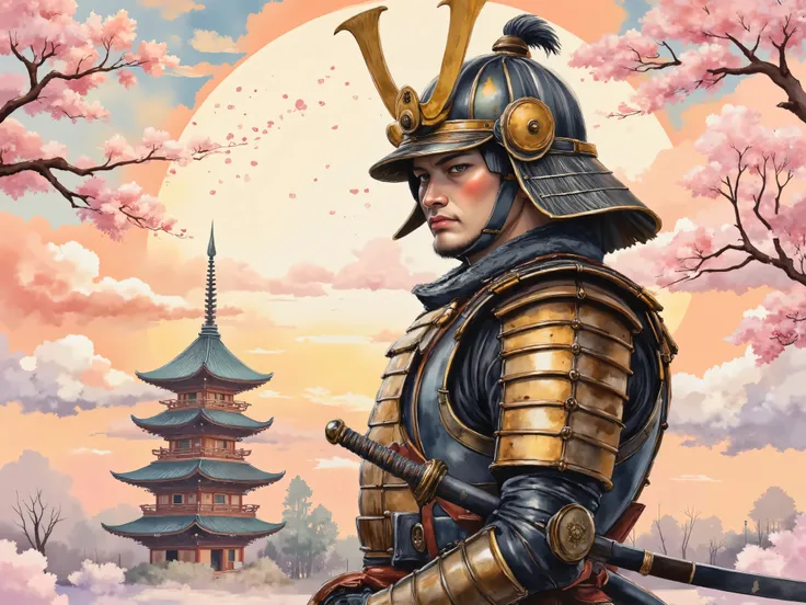 a samurai wearing traditional armor、holding a sword firmly with both hands、Standing on the right side at shoulder height、leaning forward with the body slightly angled。
Rin like a Japanese boy々 -looking face、a fearless and well-groomed face、symmetrical and ...