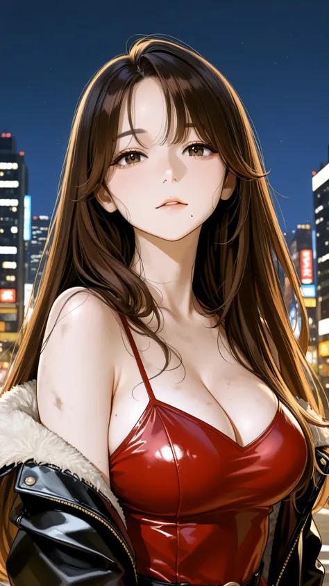 The golden ratio, Proper composition,BEAUTIFUL ILLUSTRATION, (masterpiece, detailed:1.2), maorix,score_9, score_8_up, score_7_up, score_6_up, score_5_up, 1girl, huge tit, dirty anime style, leather jacket, red one-piece dress with cloth falling off the sho...