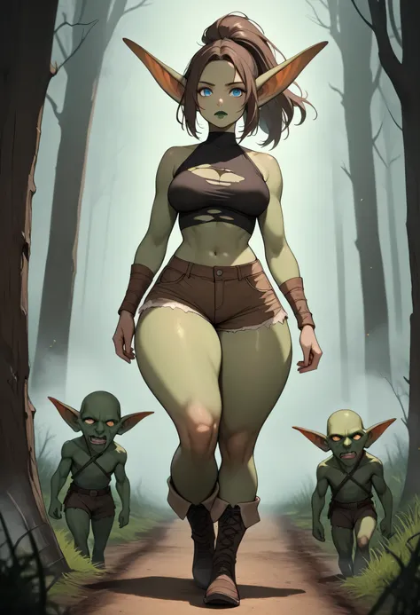 Monster Girl, Goblin, Dark Brown Hair, Ponytail, Long Ears, Large Ears, Blue Eyes, Dark Green Lips, Long Pointy Ears, (Medium Breasts, Perfect Breasts), (Green Skin), Ripped Crop Top, Walking Standing, (Thick Thighs:1.2), (Brown Short Shorts), Looking At V...