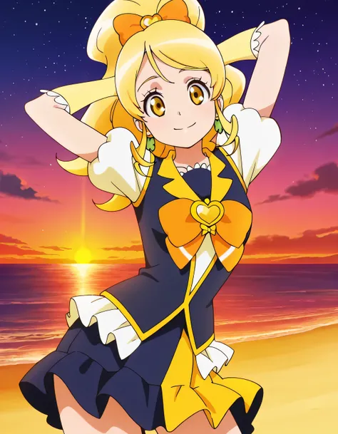 curehoney, gold eyes, thick wavy blonde hair, ponytail, curled forelocks, styled bangs, green clover earrings, white blouse, short puffed sleeves, dark navy vest with gold details, white ruffled trim, orange and white ribbon with gold heart brooch, goldenr...