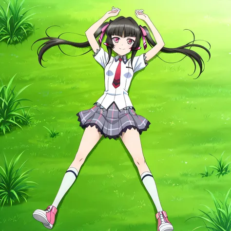 tsukuyomi shirabe, sidelocks, pink eyes, black hair, Blunt bangs, twintails, hair ribbon, lydian academy school uniform, red necktie, short sleeves, untucked shirt,  small breast, anime screencap, high quality, solo, lying, on back, arms up, spread legs, c...