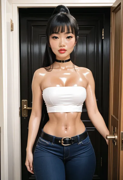(Door Japanese), ((Female Asian, Face Asian)), Black Hair, (Very Long Ponytail, Hime Cut Hair), Black Normal Eyebrows, Black Eyes, Red Lips, Perfect Lips, Black Choker, Collarbone, Cleavage, (Medium Breasts), Small Waist, Normal Midriff, (White Tube Top), ...
