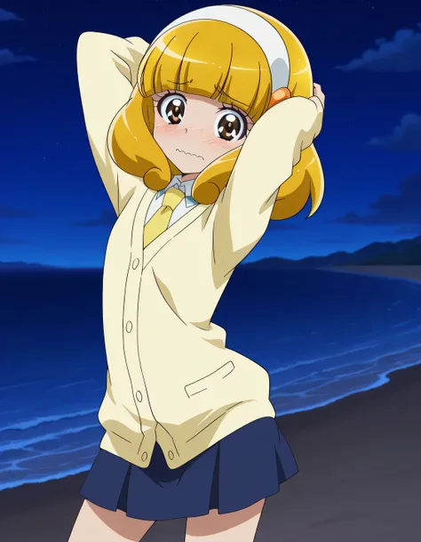 Yayoi, brown eyes, yellow_hair, short_hair, bangs, hairband, white band, small_breasts, short body, school uniform, cardigan, yellow necktie, blue skirt, anime screencap, high quality, closed mouth, solo, cowboy shot, night sky, beach, arms behind head, ((...
