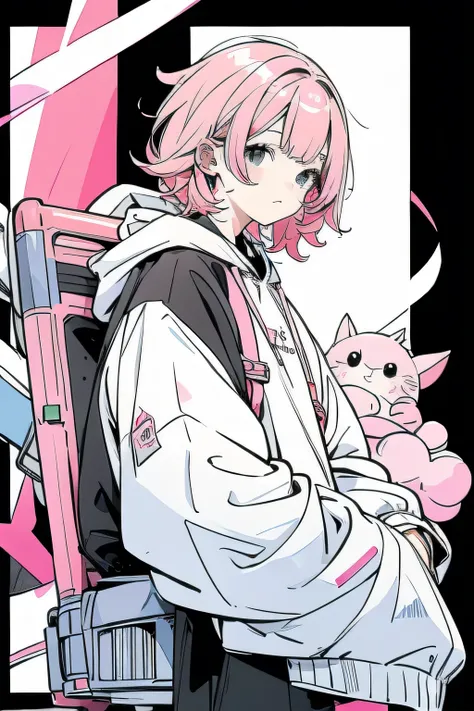 Beautiful Anime Style Illustrations 、a neutral kid with pink hair、I'm wearing candy、wearing a hood in a black hoodie
