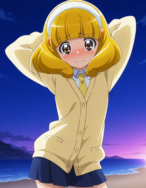 Yayoi, brown eyes, yellow_hair, short_hair, bangs, hairband, white band, small_breasts, short body, school uniform, cardigan, yellow necktie, blue skirt, anime screencap, high quality, closed mouth, solo, cowboy shot, night sky, beach, hands behind head, (...