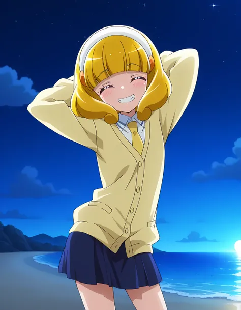 Yayoi, closed eyes, yellow_hair, short_hair, bangs, hairband, white band, small_breasts, short body, school uniform, cardigan, yellow necktie, blue skirt, anime screencap, high quality, closed mouth, solo, cowboy shot, night sky, beach, arms behind head, (...