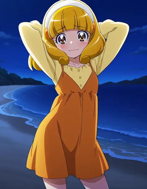 Yayoi, brown eyes, yellow_hair, short_hair, bangs, hairband, white band, small_breasts, short body, yellow blouse, long sleeves, orange dress, anime screencap, high quality, closed mouth, solo, cowboy shot, night sky, beach, arms behind head, ((contrappost...