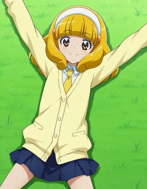 Yayoi, brown eyes, yellow_hair, short_hair, bangs, hairband, white band, small_breasts, short body, school uniform, cardigan, yellow necktie, blue skirt, anime screencap, high quality, solo, lying, on back, from above, on grass, arms up, legs apart, cowboy...